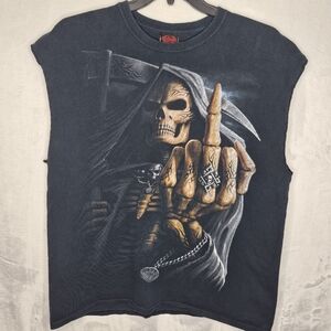 Spiral Direct Grim Reaper Skull Middle Finger Graphic T Shirt Gothic Biker‎